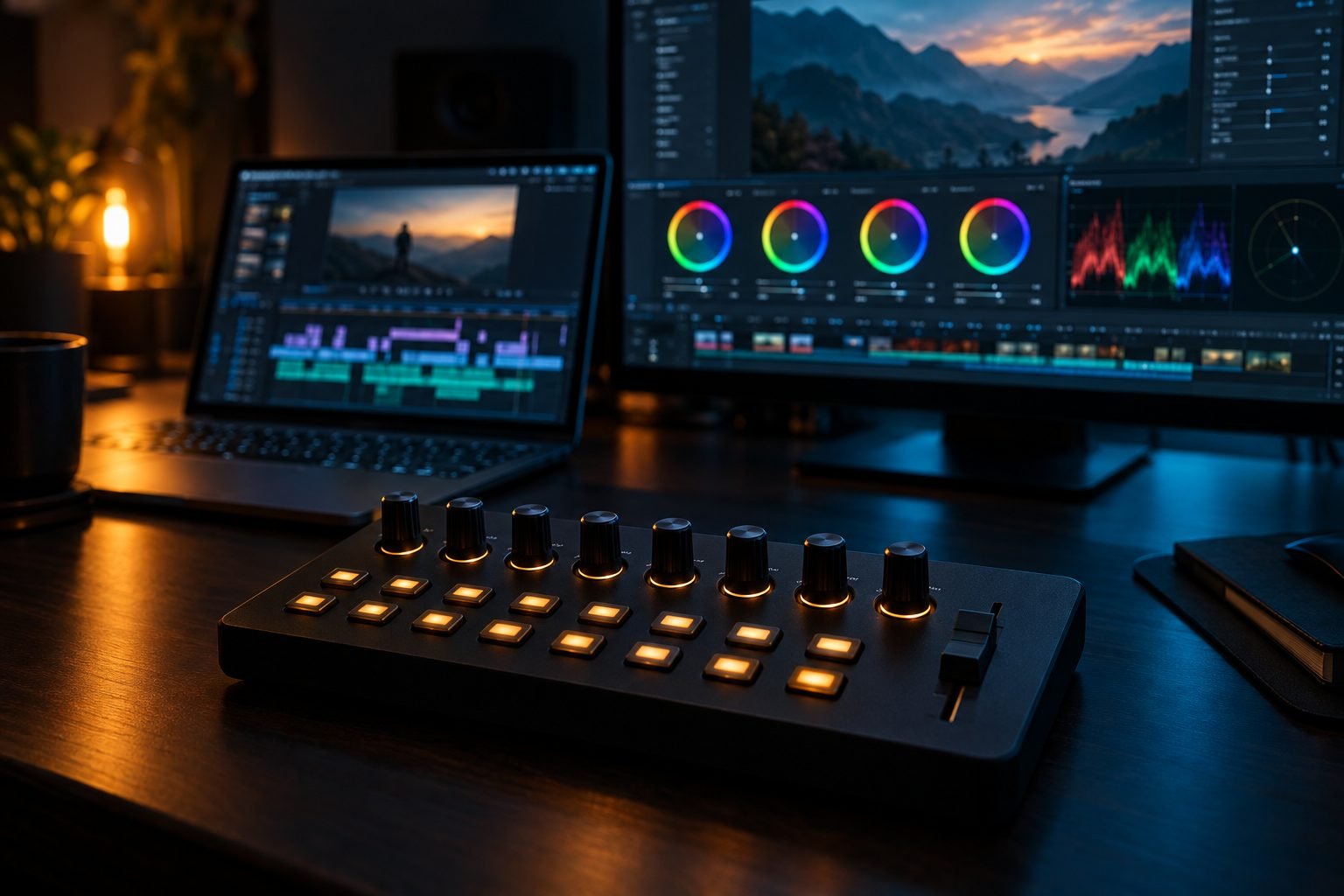 Editing desk at night with a compact MIDI controller in front of a colour-grading screen